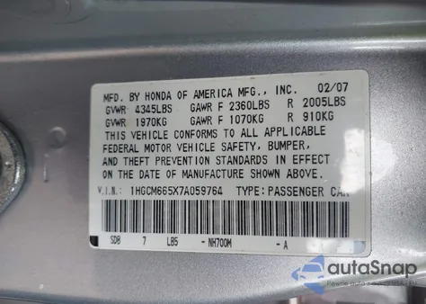 2007 Honda Accord 3.0 Ex z USA, uszkodzony, nr VIN 1HGCM665X7A059764
